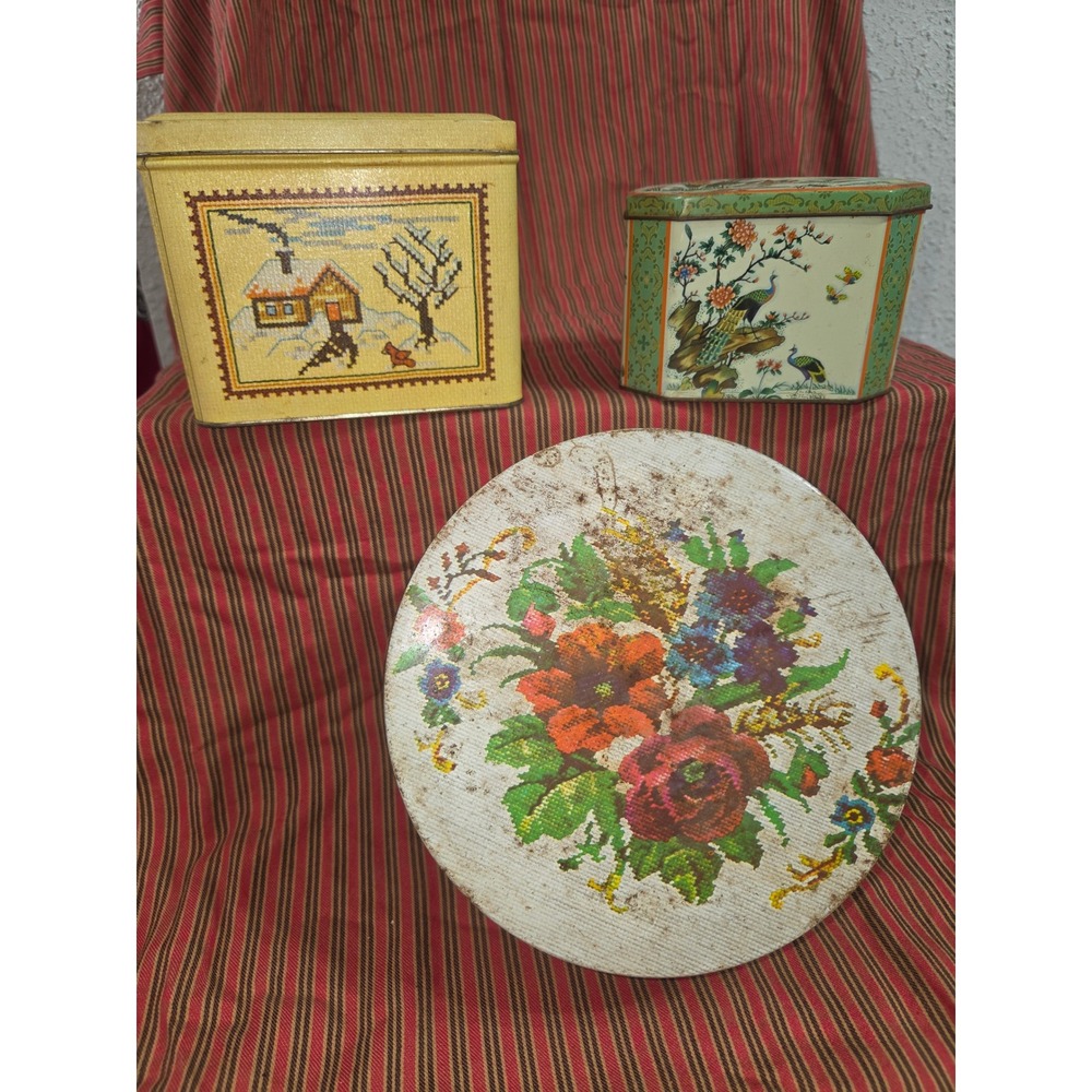 Vintage Metal Tin‎ Lot Home Sweet Home Cross Stitch Chinoiserie Floral 3pc Set